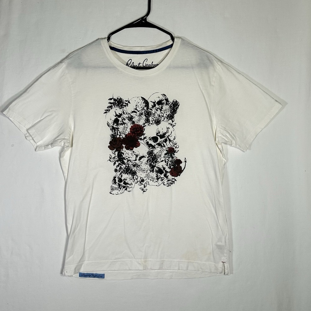 Robert Graham Mens Bed Of Skulls T-Shirt White Rose Floral Graphic Tee Cotton M